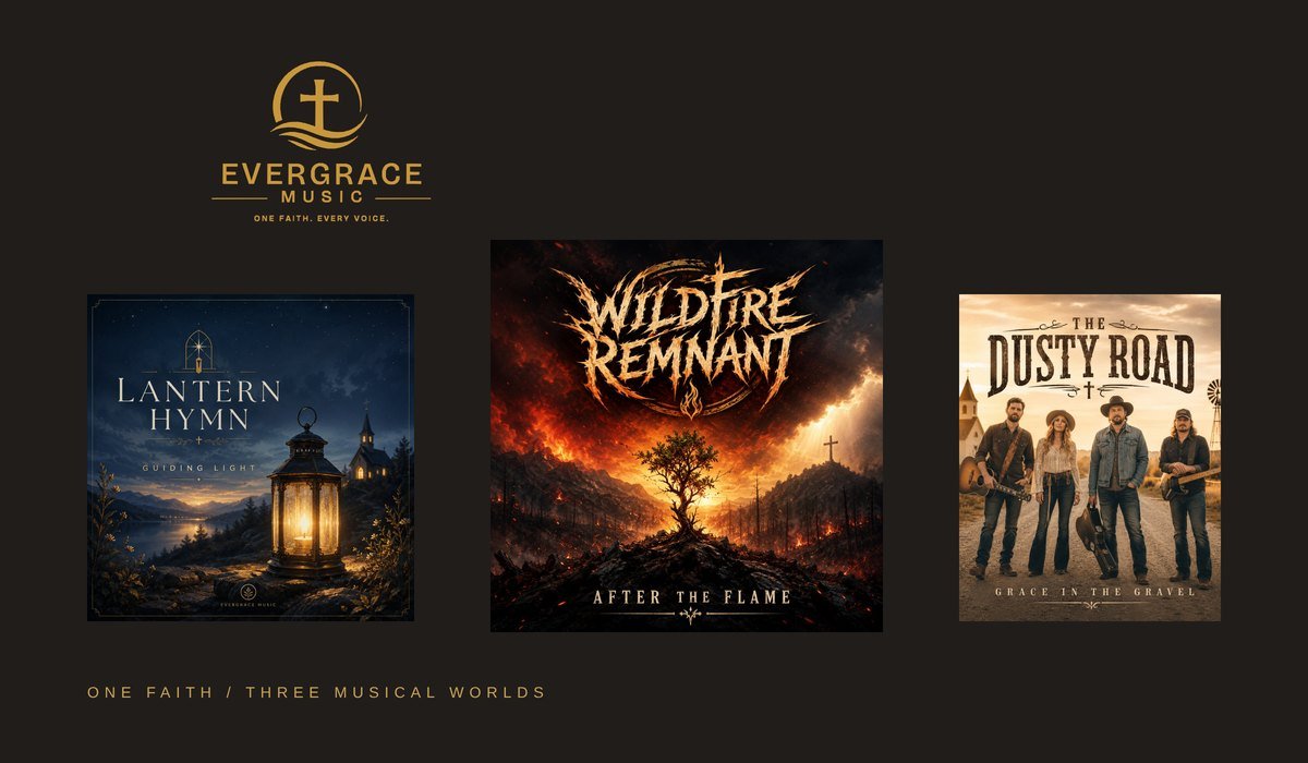 Evergrace Music system study with the identity and three album covers