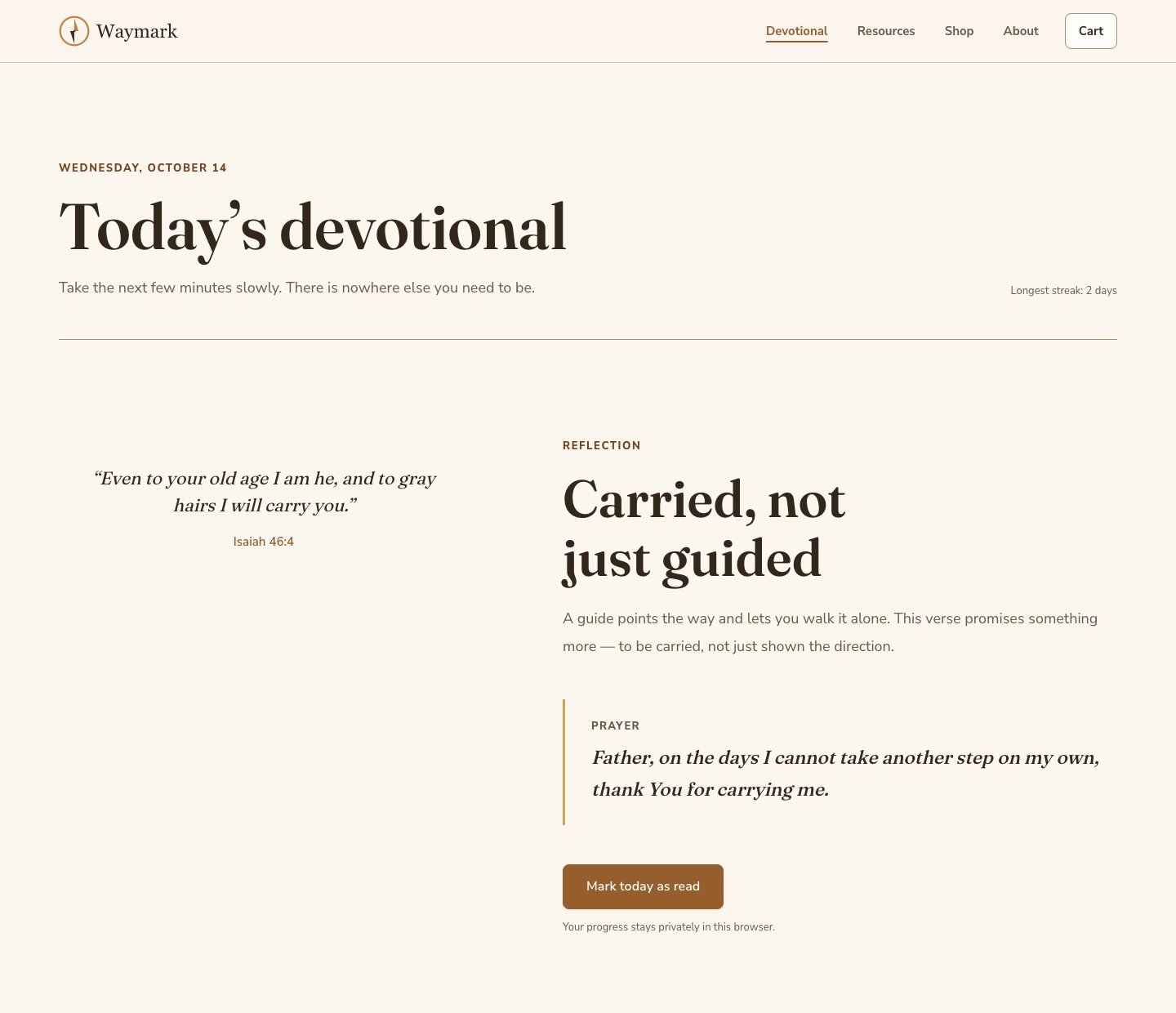 Waymark devotional page with a verse, reflection, prayer and a Mark today as read button