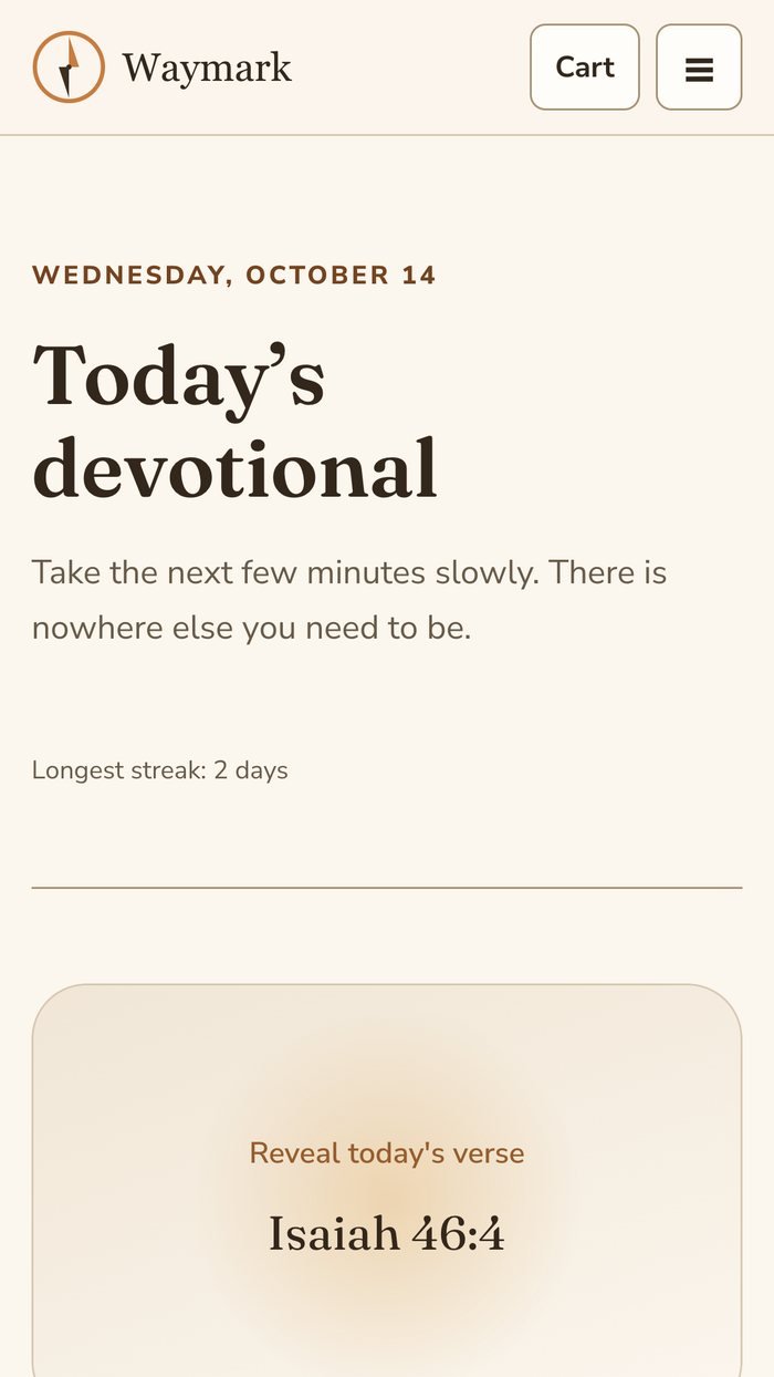 Waymark devotional with a reveal-the-verse card on a phone